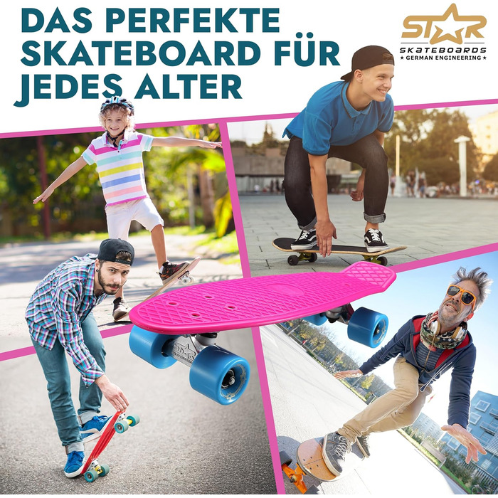 Скейтборд BIKESTAR Vintage Retro Cruiser 60 мм - круїзерний скейтборд для дітей та дорослих, початківці від 6-8 років, ретро дизайн Berry & Blue