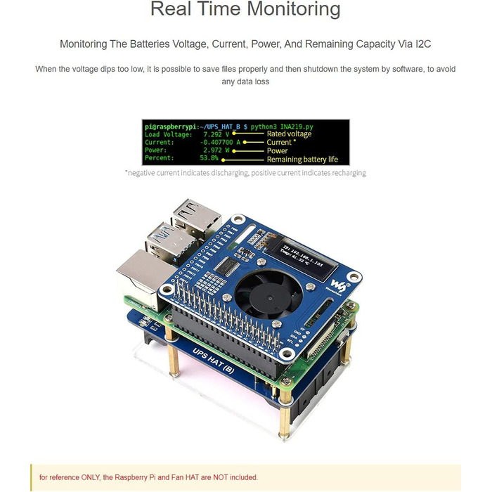 ДБЖ Waveshare HAT сумісний з джерелом безперебійного живлення Raspberry Pi 5 В Схеми захисту кількох акумуляторів Заряд і вихідна потужність одночасно (UPS HAT (B) (EU))