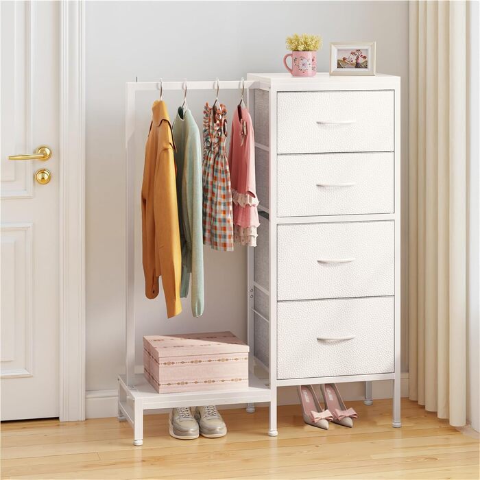 Комод заввишки 111 см з 4 тканинними шухлядами, маленький комод з вішалкою для одягу, білий комод для спальні, вітальні, коридору, передпокою, комод для спальні, подарунковий 30Г x 76,5Ш x 111В см (4 шухляди) білий