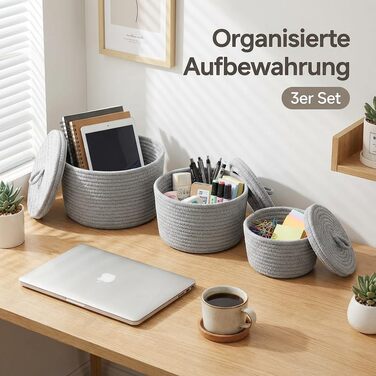 Плетені кошики з кришками, кошики для зберігання у ванній кімнаті, круглий кошик з кришкою, кошик для зберігання з кришкою, плетені кошики для зберігання (сірі)