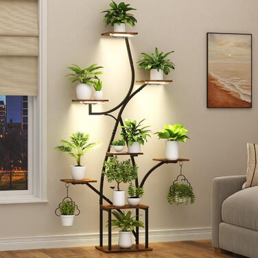 Підставка для рослин з лампою для вирощування, 8-ярусна квіткова полиця 160 см з металу та дерева, велика чорна квіткова полиця для використання в приміщенні та на вулиці, для вітальні, саду, балкону, декоративна, ширина 38 дюймів