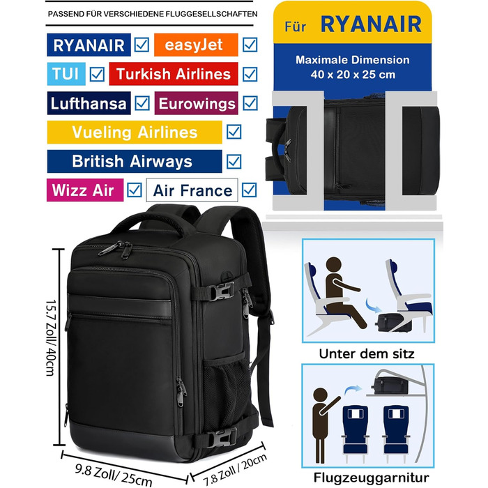 Рюкзак для ручної поклажі 40x20x25 для Ryanair, невеликий рюкзак для подорожей літаком, місткість 20 л, підходить для 14-дюймових ноутбуків, рюкзак Eurowings для жінок, чоловіків, підлітків, шкільний рюкзак, чорний, 402025 см-20 л, класичний чорний
