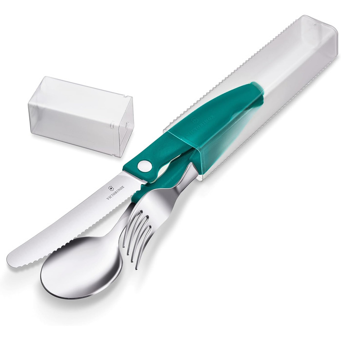 Набір столових приборів Victorinox Classic для пікніка, 3 предмети, дорожні столові прибори, включаючи складний ніж, виделку та ложку, міцні пластикові ручки, зелений