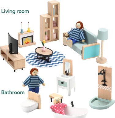 Набір меблів для лялькового будиночка "Гігантська квасоля", дерев&39яний, 36 предметів з 4 сімейними ляльками, аксесуари для ляльок, іграшка для хлопчиків, дівчаток та малюків від 3 років