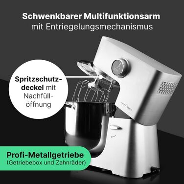 Кухонний комбайн ProfiCook з чашею XXL 12 л Тістомісильна машина з професійним двигуном тривалого терміну служби 2500 Вт Металеві шестерні та світлодіодний дисплей Кухонний комбайн для тіста до 8,5 кг 13 швидкостей ПК КМ 1254