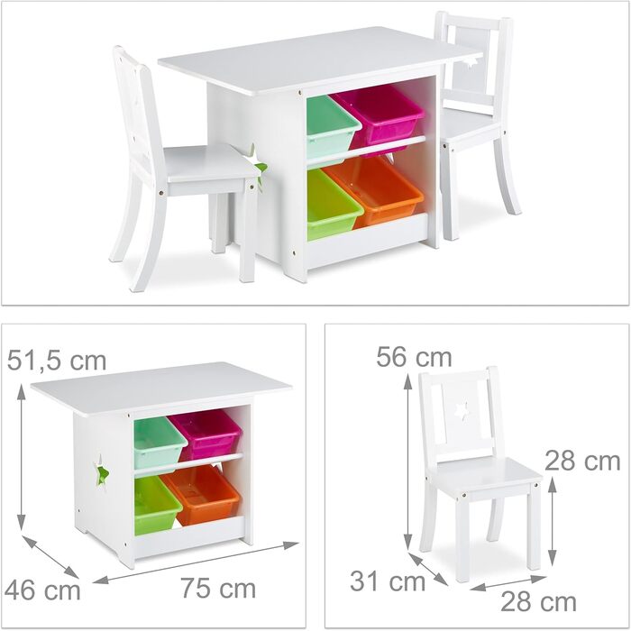 Дитячий комплект сидіння Relaxdays ALBUS з місцем для зберігання, 1 стіл та 2 стільці з дерева, дитячий набір столів для хлопчиків та дівчаток, білий, сучасний