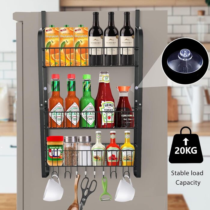 Полиця для холодильника з вуглецевої сталі, 3-секційна полиця для спецій (не потребує свердління), підвісна полиця з 8 гачками, підвісна кухонна полиця, органайзер для спецій з клейкими смужками