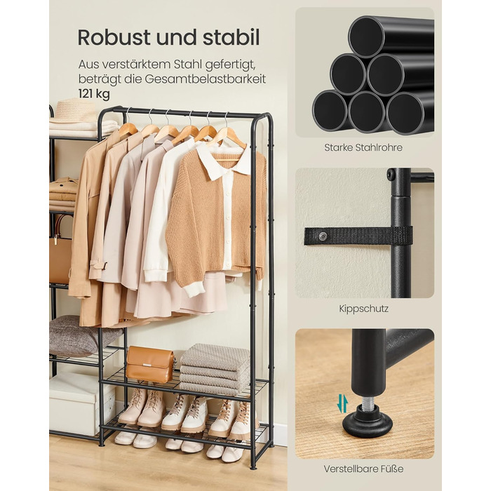 Вішалка для одягу, Відкрита шафа, Вішалка для одягу, Вішалка для пальто з полицями, Металева шафа, Окремостояча, 29 x 183 x 158,4 см, Матовий чорний LGR463B01 183B см Матовий чорний