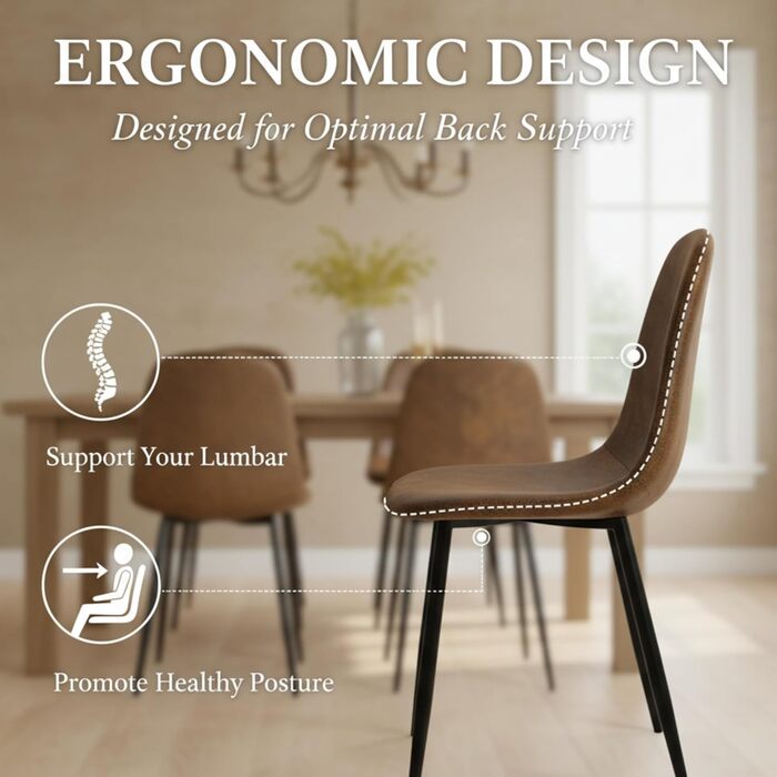 Комплект обідніх стільців Homy Casa з 4 предметів, скандинавський вінтажний стиль, сидіння зі штучної замші зі сталевими ніжками чорного та коричневого кольорів.