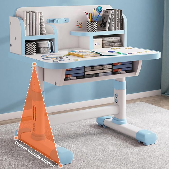 Дитячий функціональний комплект столу та стільця, регульований по висоті, для дітей, школи та навчання, комплект столу та стільця з мультяшним візерунком, ергономічний стілець з великою письмовою дошкою, книжковою полицею та