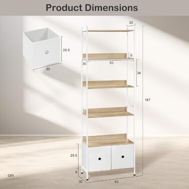 Окремостояча полиця WOLTU, книжкова полиця з 5 полицями та 2 шухлядами, настільна полиця для вітальні, кухні, кабінету, спальні, з металевим каркасом, 63x187x30 см, світлий дуб білий, RGB62whe 63x30x187 см Світлий дуб білий