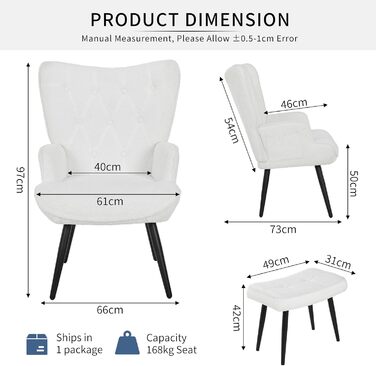 Крісло CLEVICH з підніжкою - Затишне крісло для відпочинку з підніжкою, крісло для читання, крісло з тканини Тедді для вітальні та спальні - До 168 кг, Біле