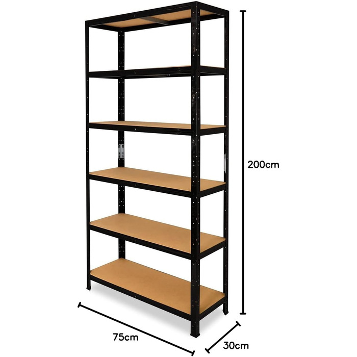 ЧОРНИЙ Міцний стелаж, чорний/металевий стелаж, 6 полиць вантажопідйомністю 145 кг кожна/Стелаж для зберігання, чорний, підвальний стелаж, побутовий стелаж, чорний/металевий стелаж, чорний, металевий, стоячий, В 200см / Ш 75см / Г 30см, 200x75x30