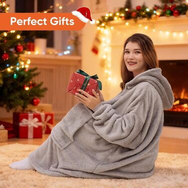 Ковдра Qutool з капюшоном та рукавами, м&39яка тепла ковдра для дорослих, светр для обіймів у подарунок для жінок, мам, 129x85 см, сірий довгий