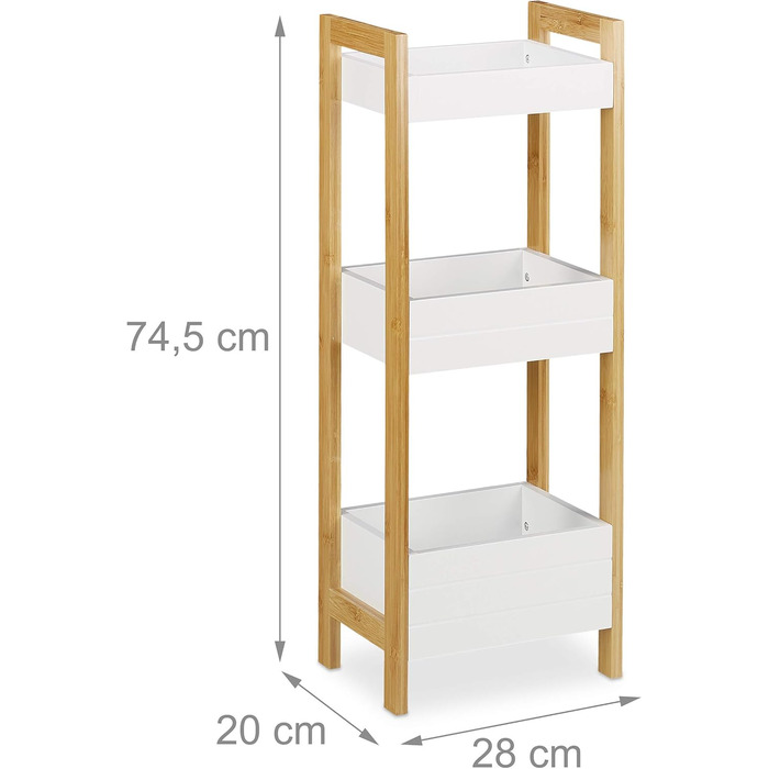 Полиця для ванної кімнати Relaxdays з 3 кошиками, окремостояча полиця з бамбука та МДФ, ВxШxГ 74,5 x 28 x 20 см, кухонна полиця, натуральний/білий колір, інженерна деревина