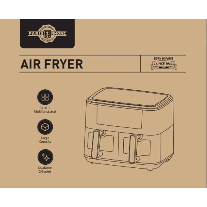 Фритюрниця PARIS RHNE 9.5 л, фритюрниця XXL двокамерна з оглядовим вікном, фритюрниця 12-в-1, смаження гарячим повітрям без олії, безпечна посудомийна машина, аерофритюрниця енергозберігаюча 9.5 л чорна