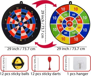 Великий складаний дартс з 12 кулями на липучках та 12 дротиками на липучках, двосторонній, ідеально підходить для дитячих ігор на свіжому повітрі та в приміщенні, подарунки для хлопчиків та дівчаток, 29'/73