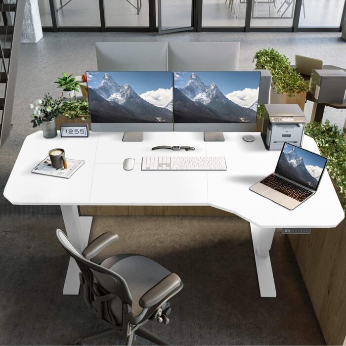 Стіл з регульованою висотою, білий, 180 x 85 см, L-подібний стіл, регульована висотою, електричний, ергономічний ігровий стіл з гачками (білий)