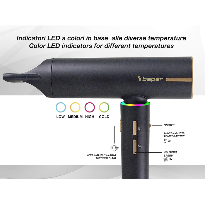 Безщітковий фен BEPER P301ASC010, 1800 Вт, 3 швидкості, 3 температурні режими, LED-індикатор температури, функція самоочищення сітки, чорний, з аксесуарами