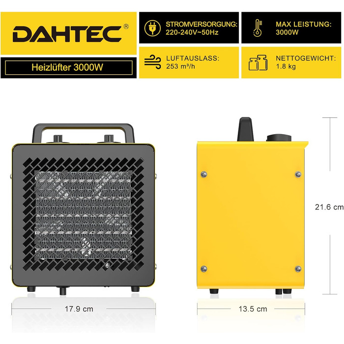 Керамічний вентилятор-обігрівач 3000 Вт, невеликий променевий обігрівач, будівельний обігрівач, осушувач повітря з термостатом та 3 режимами нагріву, вентилятор-обігрівач для ванної кімнати, столу та використання в приміщенні, 3 кВт, жовтий