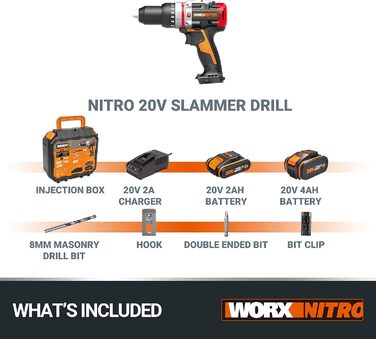 Акумуляторний ударний дриль WORX NITRO 18V (20V MAX) WX354.1, PowerShare PRO, ударний дриль, безщітковий двигун, 60 Нм, 2-ступінчасте регулювання швидкості, свердління залізобетону 10 мм, 1 х 2 Ач, 1 х 4 Ач WX354.1 (1х2.0 Ач 1х4.0 Ач)