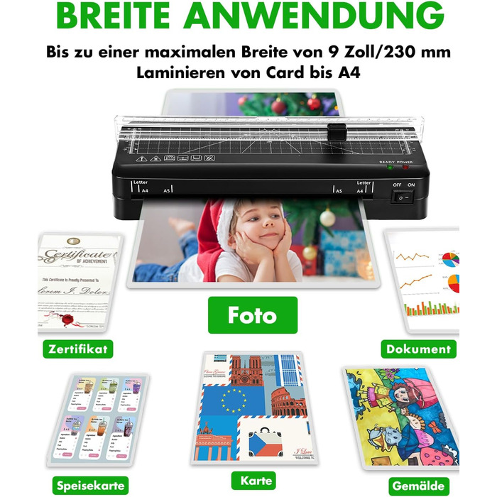 Ламінатор A4, швидкий прогрів за 70 секунд, вбудований різак, ламінатор з технологією NTC з 10 ламінувальними пакетами для A4/A5/A6, для офісу, дому та школи