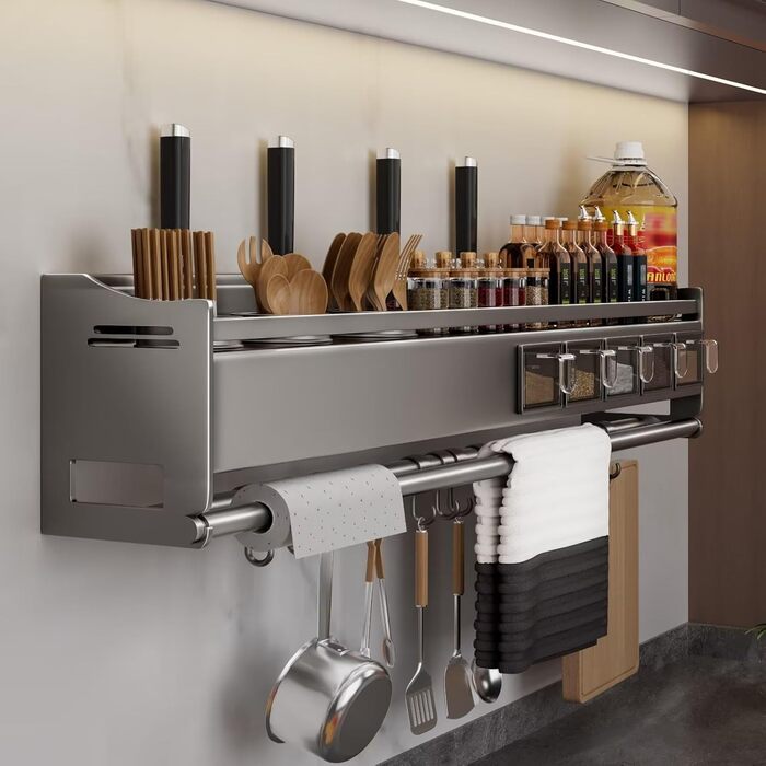 Настінна полиця для спецій, кухонна полиця для спецій з тримачем для кухонних рулонів, 4 банки та 6 гачків, полиця для спецій без свердління, кріплення на дверцята шафи, металевий тримач для спецій, настінна кухонна полиця, органайзер для спецій