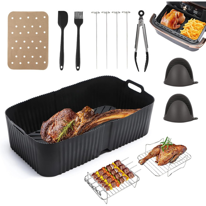 Набір аксесуарів для фритюрниці, силіконова форма для фритюрниці для Ninja AF500 10.4L з силіконовими захватами, решітки для гриля з нержавіючої сталі, аксесуари для фритюрниці, багаторазові аксесуари Аерофритюрниця