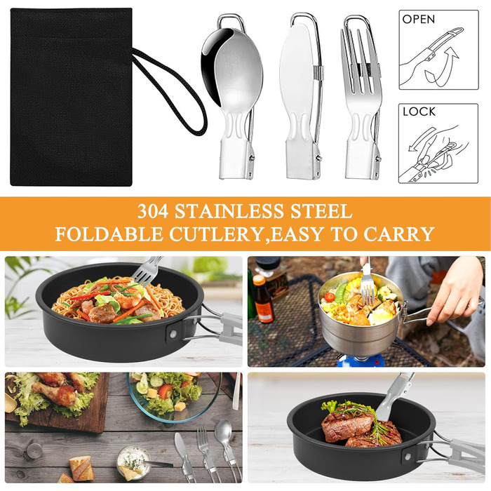 Набір посуду для кемпінгу, 8-предметний набір посуду для кемпінгу з міні-газовою плитою та столовими приборами, кемпінговий посуд для 1-2 осіб, пікніки на свіжому повітрі, походи (8-предметний набір)