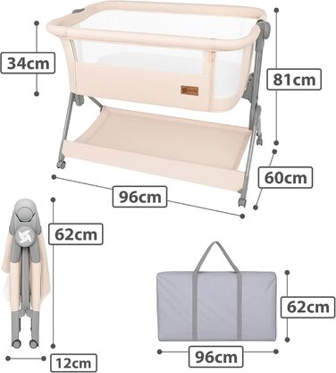 Приліжкове ліжечко Baby Comfortly з колесами Складане та регульоване по висоті (5 рівнів), дихаюче, підходить від 0 місяців до 9 кг, в комплекті матрац, простирадло та сумка не потрібно збирати (колір дерева)