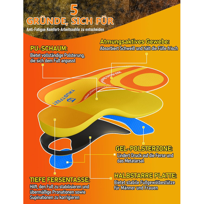 Ортопедичні устілки для комфорту на роботі протягом усього дня, устілки з високою підтримкою склепіння стопи при плантарному фасціїті, п&39ятковій шпорі, плоскостопості, болю в стопі, розподіляють тиск на стопу - XL (EU 46-48) 31 см Змішана (помаранчева ж