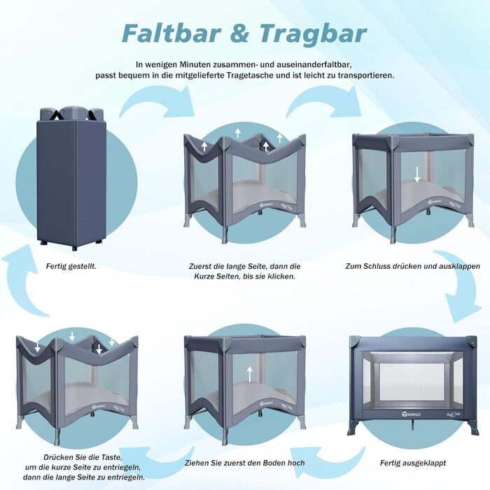 Дитяче ліжечко Dream N Play, складне дитяче ліжечко, складне та портативне для дітей вагою до 15 кг, компактне ліжечко для новонароджених та малюків, включаючи сумку для перенесення (сірий колір)