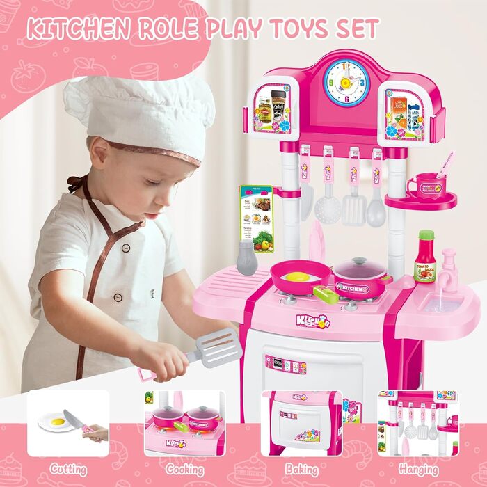 Мініатюрний кухонний набір deAO My Little Chef, рольова гра зі світлом і звуками, елементами води та 18 аксесуарами (рожевий)