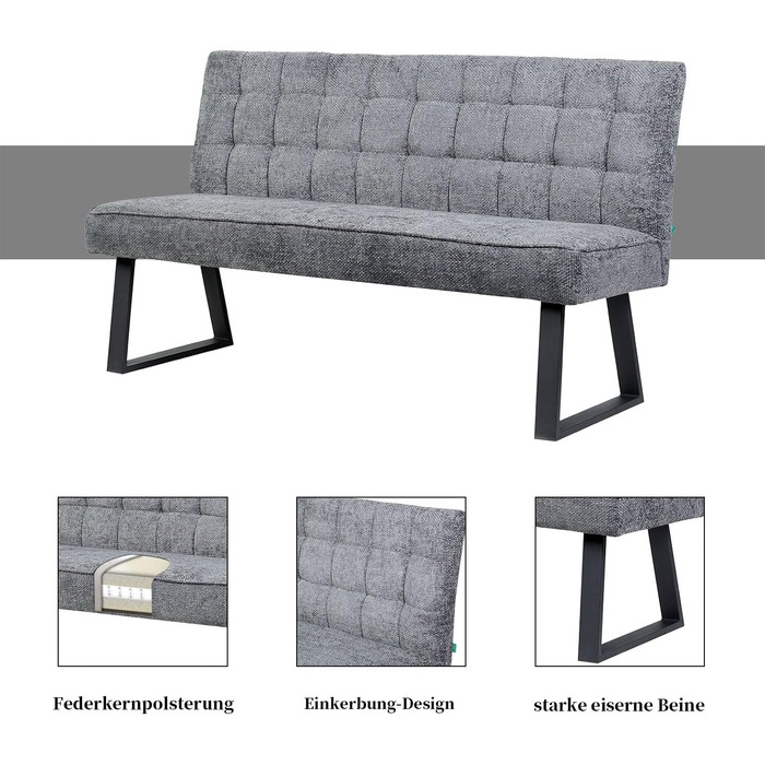 Лавка DUBI Furniture Clara 160 см з пружинною оббивкою Сучасна обідня лавка світло-сірого кольору М&39яка кухонна лавка з оббивкою 15 см та чорно-сірими металевими ніжками 160 см