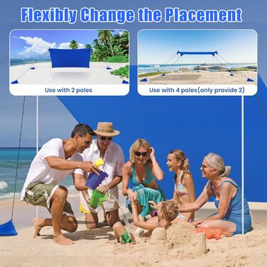 Пляжний сонцезахисний намет HOMASIS, сонцезахисний намет UPF 50, пляжний намет з лайкри з кріпленнями для піску та 4 мішками з піском, сонячне вітрило з 2 опорними стійками та сумкою для перенесення, сонцезахисний навіс для пляжу та саду (синій, 230 x 200