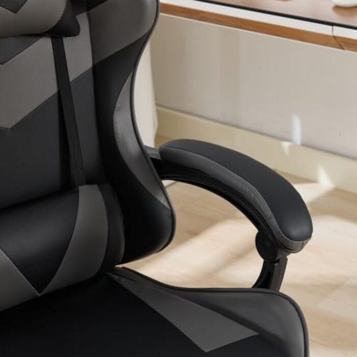 Геймерське крісло з функцією масажу та підставкою для ніг - Ергономічне офісне крісло, вантажопідйомність 150 кг, підтримка голови та попереку, регулювання висоти, поворот на 360, гоночний дизайн чорний/сірий, 116,5 x 52,0 x 64,5 см