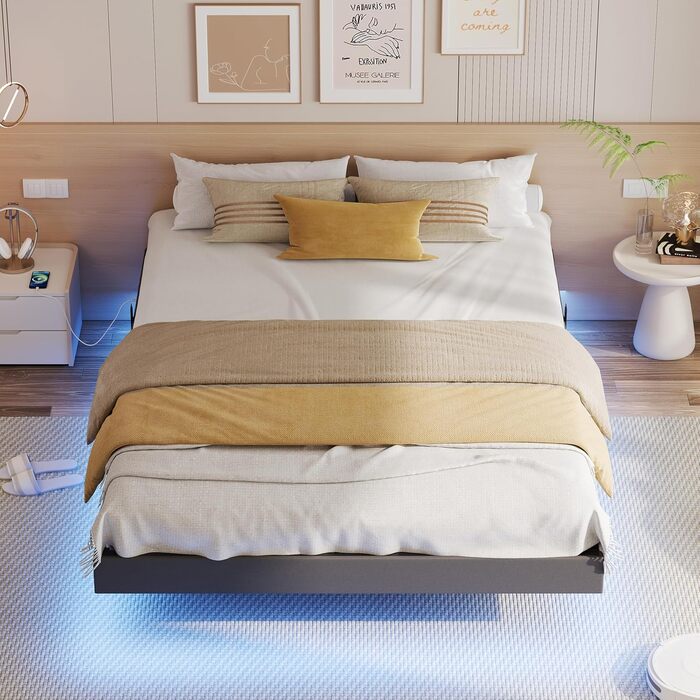 Ліжко IRONCK 140x200 зі світлодіодним освітленням та зарядною станцією, каркас ліжка 140x200 см з м&39якою оббивкою, плаваючий каркас ліжка, каркас ліжка 140x200 см, дитяче ліжко, металеве ліжко з рейковою основою, двоспальне ліжко, сірий колір