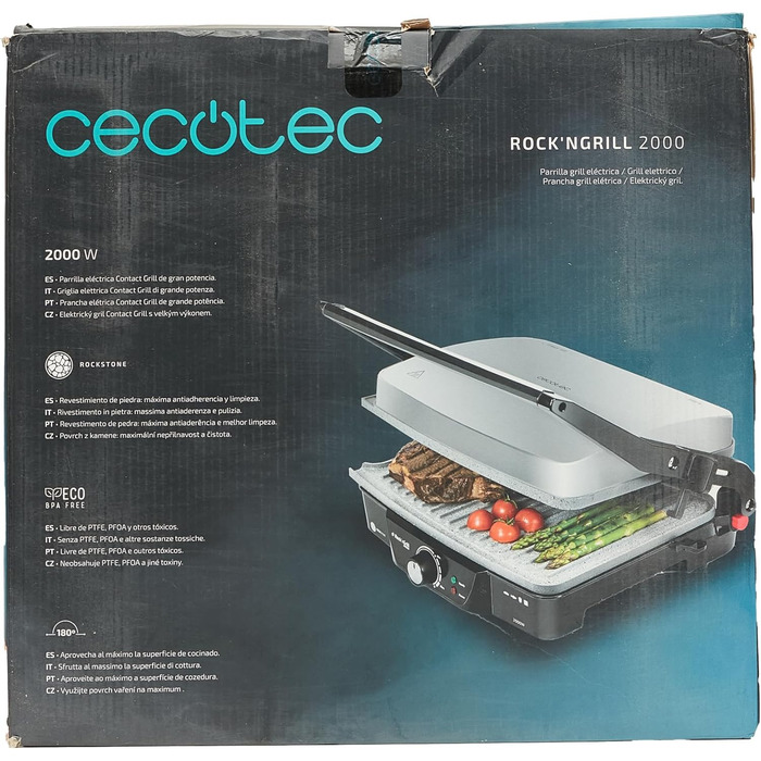 Електричний гриль, антипригарне покриття RockStone, відкривання на 180, регулювання по висоті, варильна поверхня 30 х 23,5 см, 2000 Вт, нержавіюча сталь і пластик, 2000.