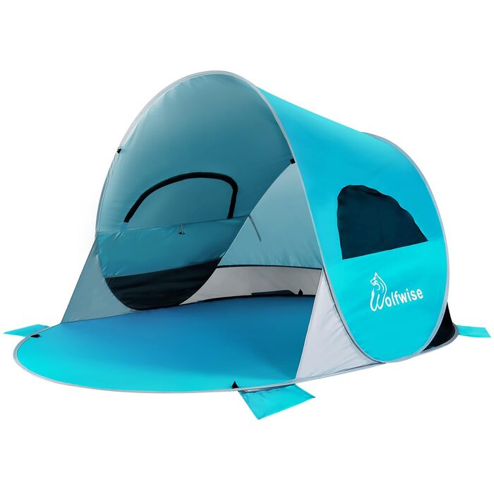 Пляжний намет WolfWise Pop-Up для 3-4 осіб, миттєве встановлення, захист від ультрафіолету 50, водовідштовхувальний, вентильований, стійкий до розривів, з сумкою для перенесення та кишенями для піску, покриття синього/м&39ятно-зеленого/бежевого/чорного ко