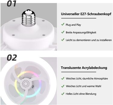 Стельовий вентилятор з лампою E27, стельовий вентилятор RGB з лампою та пультом дистанційного керування, вентилятор для патрона E27, тихе обертання на 360, 16 колірних температур, 3 швидкості, вентилятор потужністю 50 Вт, новий стиль