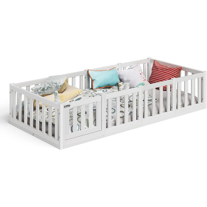 Ліжко Bellabino Tapi 90x200 см, дитяче ліжко з поручнями та дверцятами, включаючи рейкову основу, підлогове ліжко Монтессорі для хлопчиків та дівчаток з масиву сосни, біле лаковане, Ліжко 90 x 200 см Біле - з дверцятами