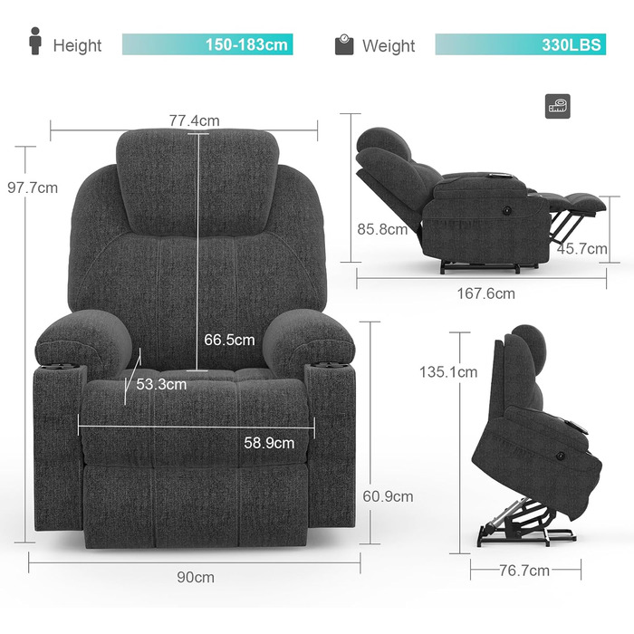 Електричне регульоване крісло-реклайнер YONISEE, масажне крісло з підйомником, функцією масажу та підігріву, крісло-реклайнер з підставкою для ніг, 2 бічні кишені та підстаканники, USB-порти, темно-сірий колір