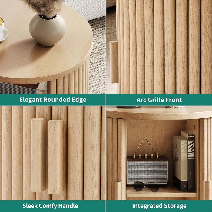 Круглий стіл YITAHOME з шафою з розсувними дверима, бічний столик з 2-ярусною полицею для зберігання для спальні, їдальні, вітальні, домашнього офісу або квартири, невеликий журнальний столик/тумбочка, світлий дуб