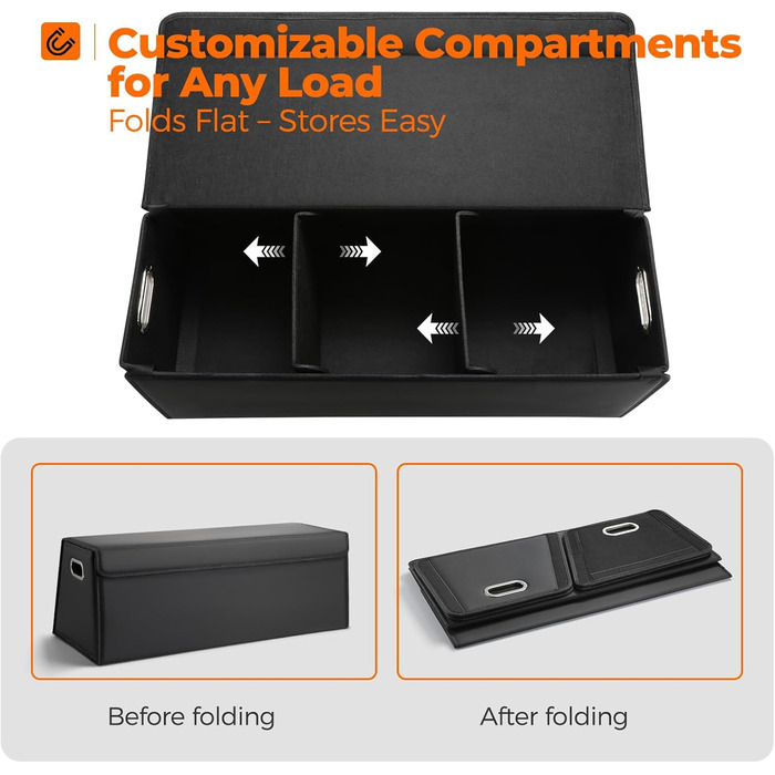 Органайзер для багажника Fyzeoty просторий органайзер для позашляховика, шкіряна коробка для зберігання речей, з магнітною кришкою, складаний та регульований, трапецієподібної форми, чорний