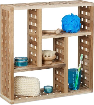 Настінна полиця для ванної Relaxdays, горіх, з 5 відділеннями, для ванної, передпокою та вітальні, В х Ш х Г 50 х 50 х 15 см, нату