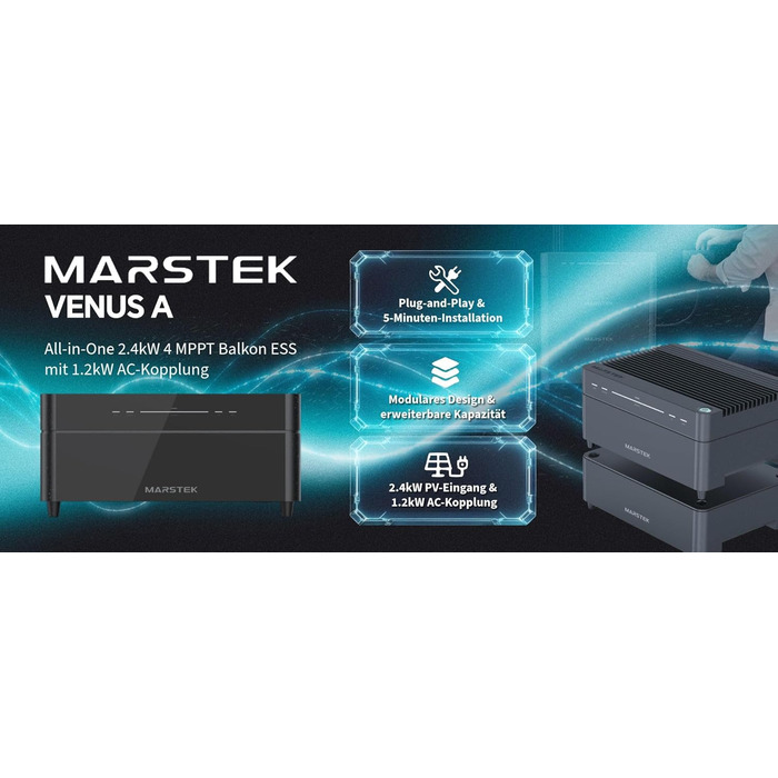 Сонячна система накопичення енергії Marstek Venus A, ємність 2120 Втгод, 4 MPPT сонячні входи до 2,4 кВт, рішення для зберігання енергії &quotпідключи та працюй&quot для балконних електростанцій та фотоелектричних систем, розширювана, клас захисту IP65, б