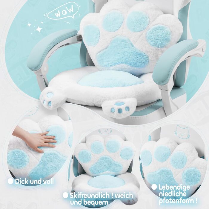 Милий ігровий стілець з котячою тканиною з поперековою подушкою у формі котячої лапи та котячими вушками, ігровий стілець з підставкою для ніг, ергономічний ПК-стілець для дітей, дорослих та дівчаток, вантажопідйомність 140 кг, синьо-білий