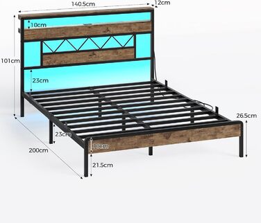 Ліжко 140x200 зі світлодіодним освітленням, каркас ліжка 140x200 з металевою рейковою основою, металеве ліжко з розеткою, дерев&39яне узголів&39я з 2 відкритими полицями, місце для зберігання речей під ліжком, спальня, вінтажний коричневий 140 x 200 см