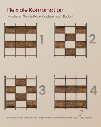 Книжкова полиця VASAGLE, кухонна полиця, окремостояча полиця з 5 відкритими полицями, для коридору, кухні, офісу, міцна сталева рама, промисловий дизайн, 24 x 128 x 154,1 см, вінтажний коричнево-чорний LLS150K01 24 x 128 x 154,1 см (5 рівнів)