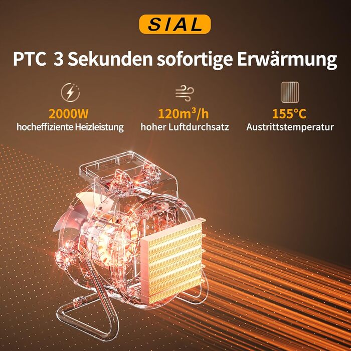Тепловентилятор SIAL 2000 Вт - Електричний обігрівач - Керамічний радіаційний обігрівач - Будівельний обігрівач/осушувач повітря - Обігрівач із захистом від перегріву - Для будівельних майданчиків, будинків, майстерень, гаражів - P2 - Жовтий - 2 кВт
